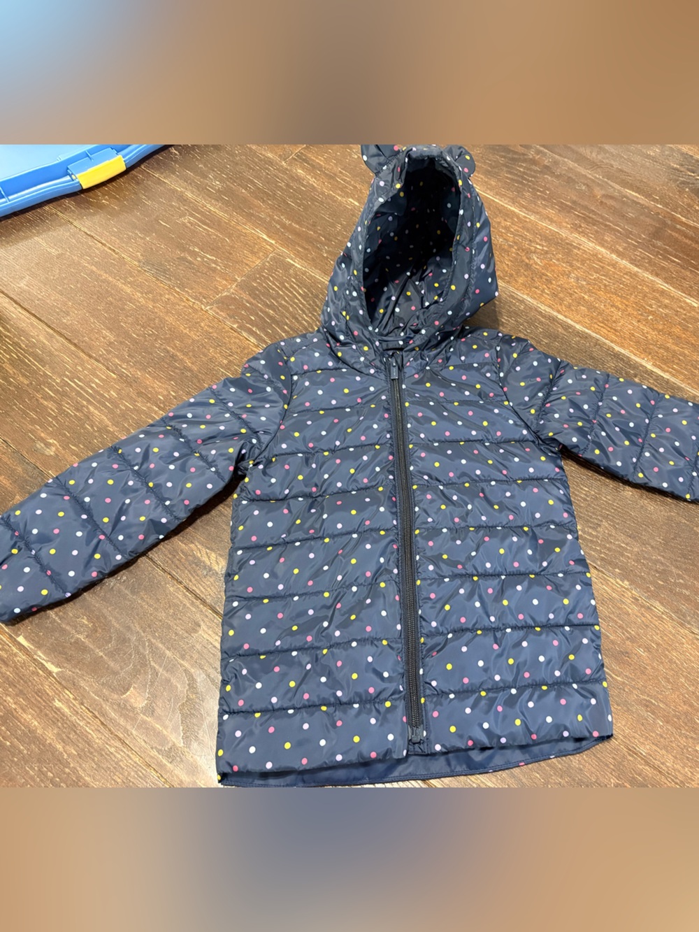 Old Navy Navy Hooded Puffer Jacket with Multicolor Polka Dots